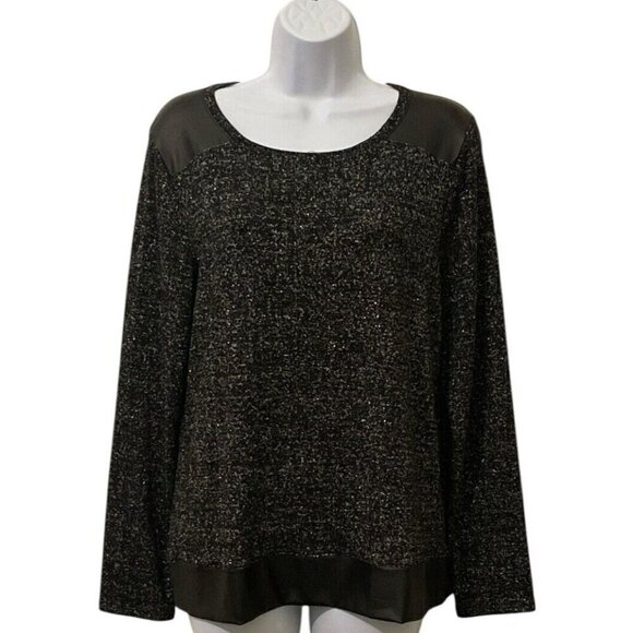 Chico's Tops - Chico's Womens Metallic Faux Leather Trim Blouse Size 1 Black Long Sleeve